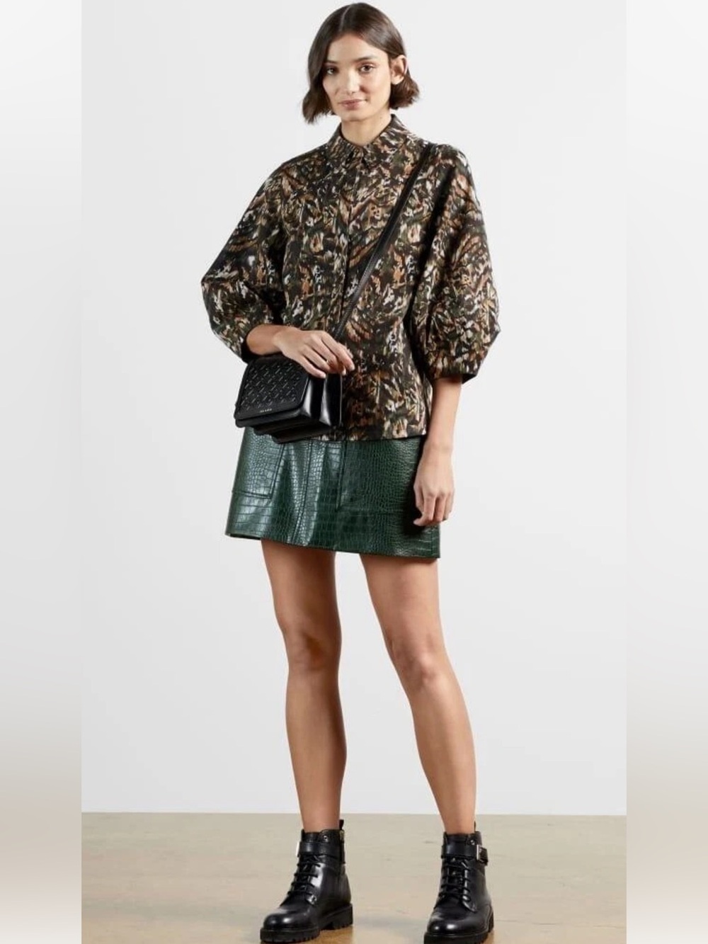 Ted Baker London Everett Lantern Sleeve Shirt Blouse Camo Size 3 (8-10) Women’a